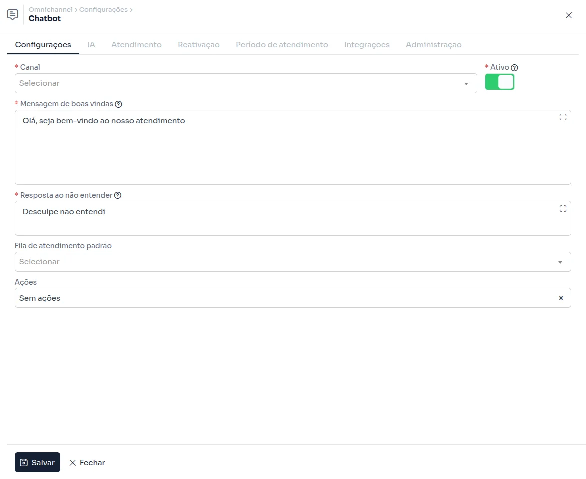 Configuração do chatbot com mensagens de boas-vindas e horário de atendimento