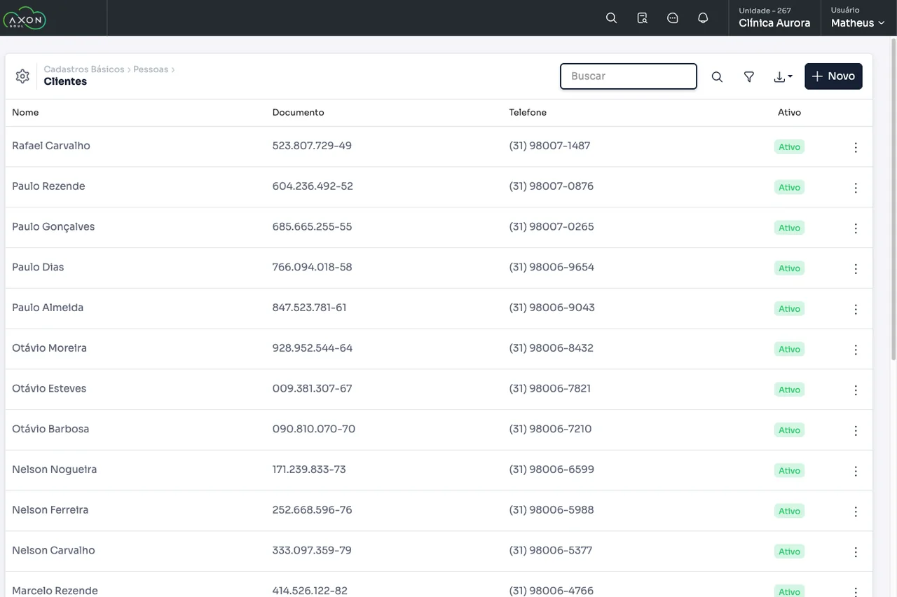 Lista de clientes cadastrados na plataforma
