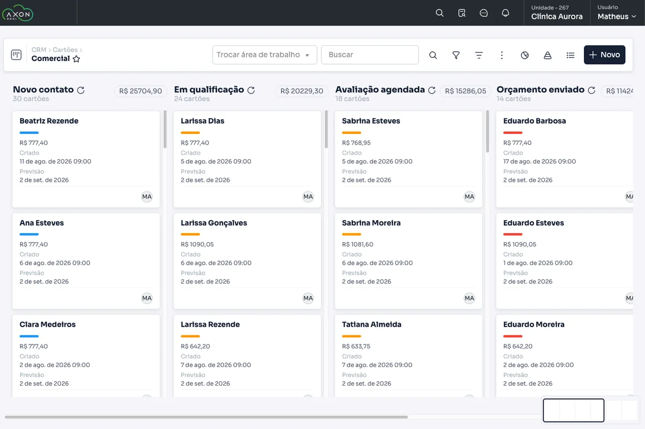 Funil do CRM em kanban com etapas e valores